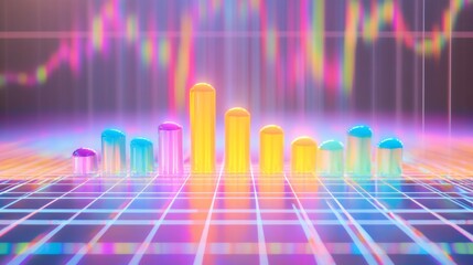 Aufkleber - A futuristic financial D bar graph showing rising bars in bright colors, floating against a digital grid background with financial symbols.