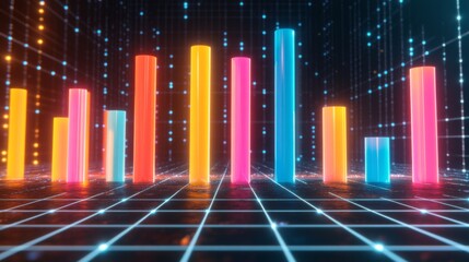 Aufkleber - A futuristic financial D bar graph showing rising bars in bright colors, floating against a digital grid background with financial symbols.