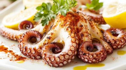 Poster - A grilled octopus tentacle resting on a white plate, with a drizzle of olive oil, paprika dust, and fresh lemon juice for a gourmet look