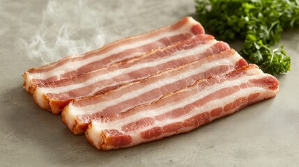 Poster - A group of bacon strips freshly cooked, laid out on a kitchen counter, surrounded by a faint mist of steam, capturing their golden, crispy appearance