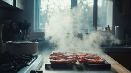 Poster - A group of bacon strips freshly cooked, laid out on a kitchen counter, surrounded by a faint mist of steam, capturing their golden, crispy appearance
