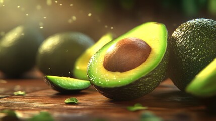 Poster - A group of whole avocados placed on a wooden table, with a few sliced open to show their rich green interior, surrounded by soft, diffused light