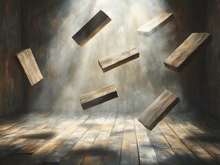 Poster - Mysterious floating wooden planks inside an abstract structure concept