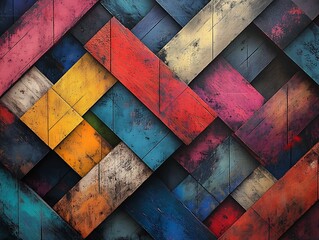 Poster - Abstract patchwork of vivid colored painted wooden panels creates a texture