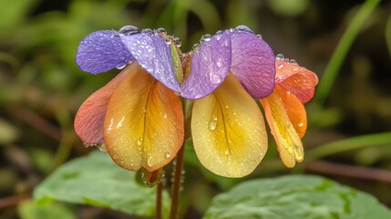 Aufkleber - A macro shot of a colorful flower with sparkling water droplets on its petals, set against a blurred background of green foliage