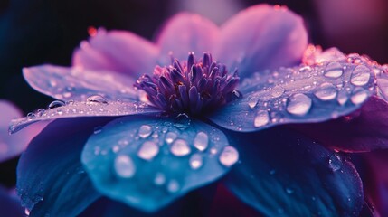 Poster - A macro shot of a vibrant blue hydrangea with raindrops on its petals, creating a stunning visual effect that emphasizes the flowers texture and color.