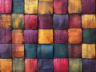 Poster - Intricate woven squares featuring a diverse color palette on textured pattern