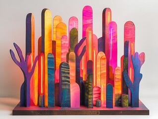 Poster - Vibrant wood city of multicolored forms and luminous lighting accents