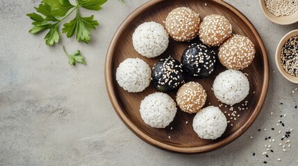 Poster - A neat arrangement of rice balls on a wooden plate, some wrapped with nori and others sprinkled with sesame seeds, against a neutral background