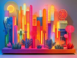 Poster - A Vibrant Abstract Cityscape Featuring Geometric Shapes and Tropical Plants