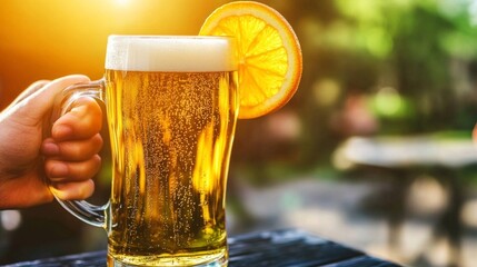Poster - A pint of wheat beer served in a curvy glass, with a slice of orange on the rim, sitting on a dark wooden table with a blurred beer garden in the background.