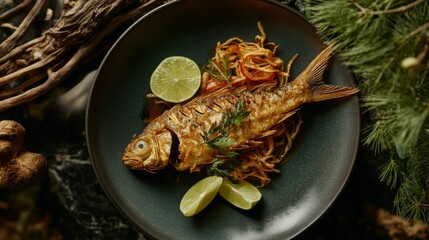 Poster - A plate of deep-fried seabass topped with a rich fish sauce, garnished with lime wedges and fresh herbs, creating a visually appealing and flavorful scene