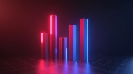 Poster - A professional D bar graph with smooth, glossy bars in shades of red and blue, showing the increasing value of a financial market over time