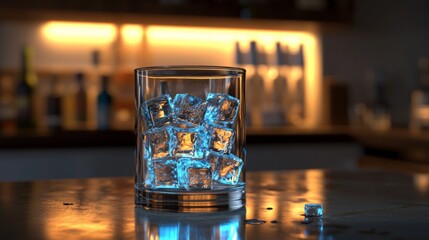 Poster - A refreshing glass of beer filled with ice cubes, set on a bar counter with soft reflections, creating a cool and crisp look with a touch of ambient light
