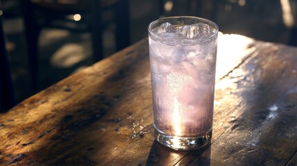Poster - A refreshing shot of a cold soda with ice cubes, the liquid fizzing and sparkling, placed on a rustic wooden table with soft, diffused lighting