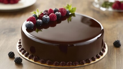 Poster - A rich, glossy chocolate cake topped with luscious ganache and fresh berries, beautifully presented on a wooden table, showcasing indulgence and elegance.