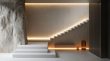 Fototapete - A simple, modern staircase with clean white steps, a sleek metal railing, and soft ambient lighting, creating a minimalist entryway