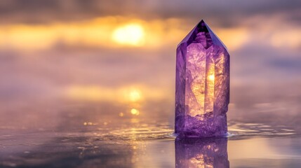 Fototapete - A single amethyst crystal standing upright on a reflective surface, with its deep purple tones glowing under soft lighting
