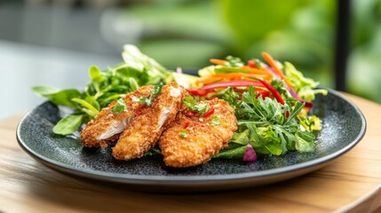 Poster - A serene view of crispy fried chicken paired with a refreshing salad, creating a balance between indulgence and health in a beautifully arranged meal.