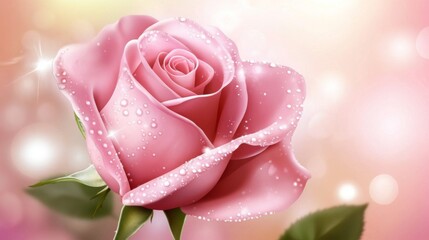 Aufkleber - A single pink rose with water droplets on its petals, set against a blurred pastel background for a soft and romantic look