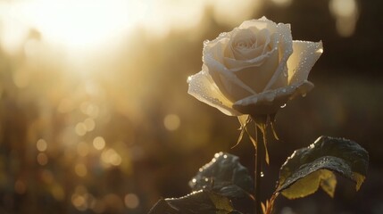 Aufkleber - A single white rose with water droplets on its petals, illuminated by soft sunlight for a serene and peaceful ambiance