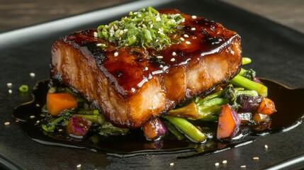 Poster - A slow-cooked pork belly presented with a glossy glaze, resting on a bed of sauted vegetables and drizzled with sauce for a gourmet touch.