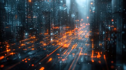 Fototapete - Digital Metropolis: A futuristic cityscape of glowing circuits and towering structures.