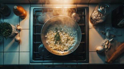 Poster - A top-down view of a saucepan on a stovetop, with ingredients like onions, garlic, and herbs sizzling inside, surrounded by a kitchen scene with soft light