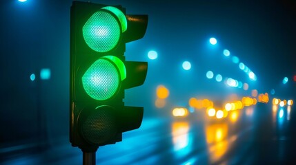 Aufkleber - A traffic light showing a green signal at night, with blurred streetlights and vehicles passing by, capturing the busy energy of a nighttime city street
