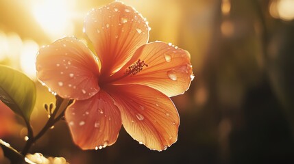 Poster - A vibrant flower with water droplets on its petals, placed against a soft, blurred background, with droplets glistening in the sunlight