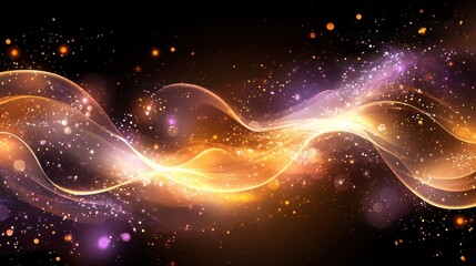 Poster - glowing abstract golden waves with sparkling particles against darkness