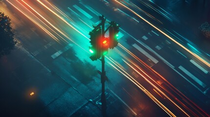 Aufkleber - A vibrant green traffic light glowing in the night, with blurred headlights and taillights creating streaks of light around the intersection, representing movement and progress