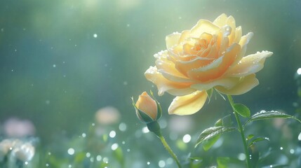 Aufkleber - A yellow rose with fresh dew on its petals, set against a soft green garden background for a cheerful and vibrant look