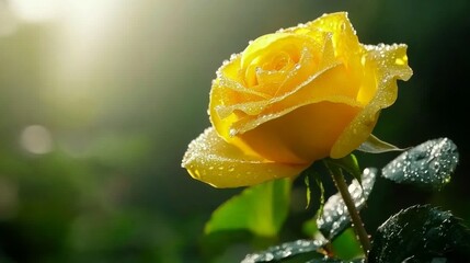 Aufkleber - A yellow rose with fresh dew on its petals, set against a soft green garden background for a cheerful and vibrant look