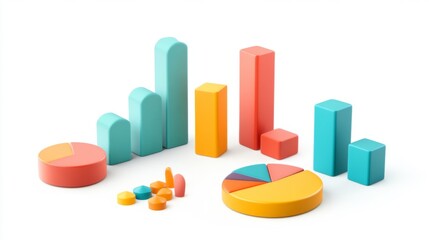 Fototapete - Elegant D chart elements floating against a white background, featuring bars and pie segments in various colors for a professional look.