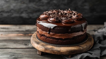 Poster - Gourmet chocolate cake with layers of ganache, topped with glossy chocolate glaze and decorative shavings, rich and elegant.
