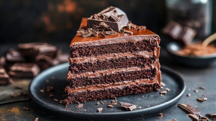 Poster - Gourmet chocolate cake with layers of ganache, topped with glossy chocolate glaze and decorative shavings, rich and elegant.