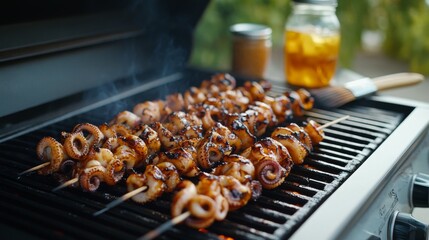 Poster - Smoky, charred octopus skewers resting on a grill, with a basting brush and marinade jar nearby for a vibrant culinary scene