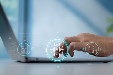 Fototapete - Futuristic AI Data Interface with User Interaction on Laptop in a Modern Workspace