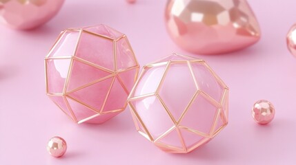Poster - Pink geometric shapes with gold frames arranged on a surface