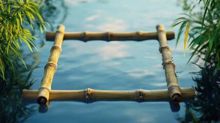 Poster - Artistic rendering of a square frame made from floating bamboo stalks on water, ideal for serene, Zen-inspired visuals