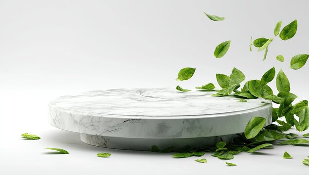 Circular marble pedestal with fresh green leaves falling and scattered around it, set against a clean white background