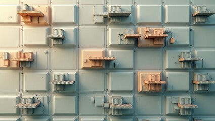 Poster - Abstract Geometric Pattern with Raised Squares and Wooden Elements Detail