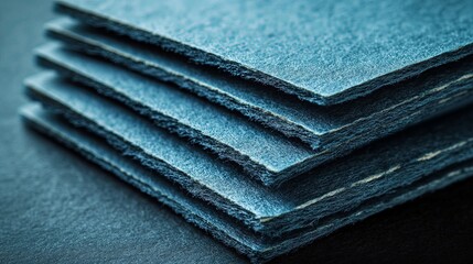 Poster - Textured blue paper stacks arranged neatly on a dark surface showcasing intricate details and patterns in natural light