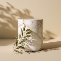 Aufkleber - Cylindrical marble display stand with olive branch, cast in soft light and shadow against a neutral backdrop