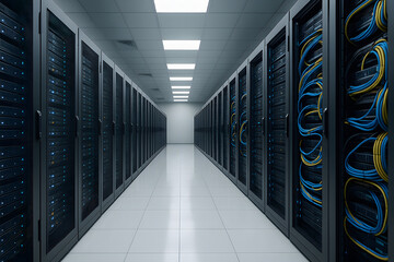 Poster - Data Center Infrastructure: A high-tech data center's server room, showing organized racks and servers, signifying the backbone of modern digital infrastructure.