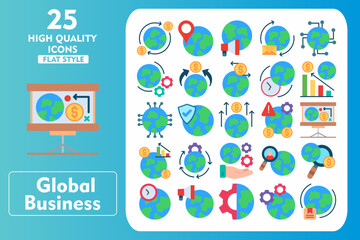  Global Business Flat Icon Set. Incleded Icons Money Transaction, Global Security, Human Resources, World, Time Zone, Global Marketing. Vector Icons Collection