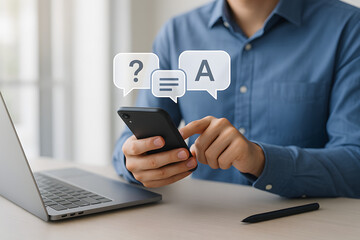 Poster - Online Support with mobile: A person utilizes smartphone and laptop, digital bubbles above that represent question-and-answer support. This visual signifies seamless online help.