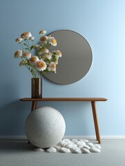 Aufkleber - Minimalist interior scene featuring a wooden console table, a large round mirror, a glass vase with flowers, and a decorative sphere with pebbles.  Light blue wall
