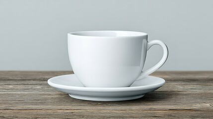 Poster - White coffee cup and saucer on a wooden surface.